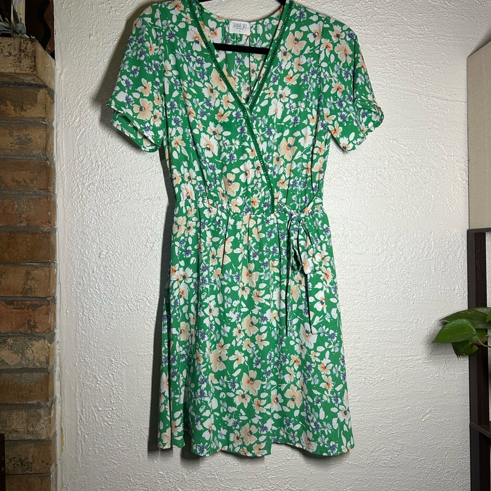 Sienna Sky Green Floral Wrap Mini Dress